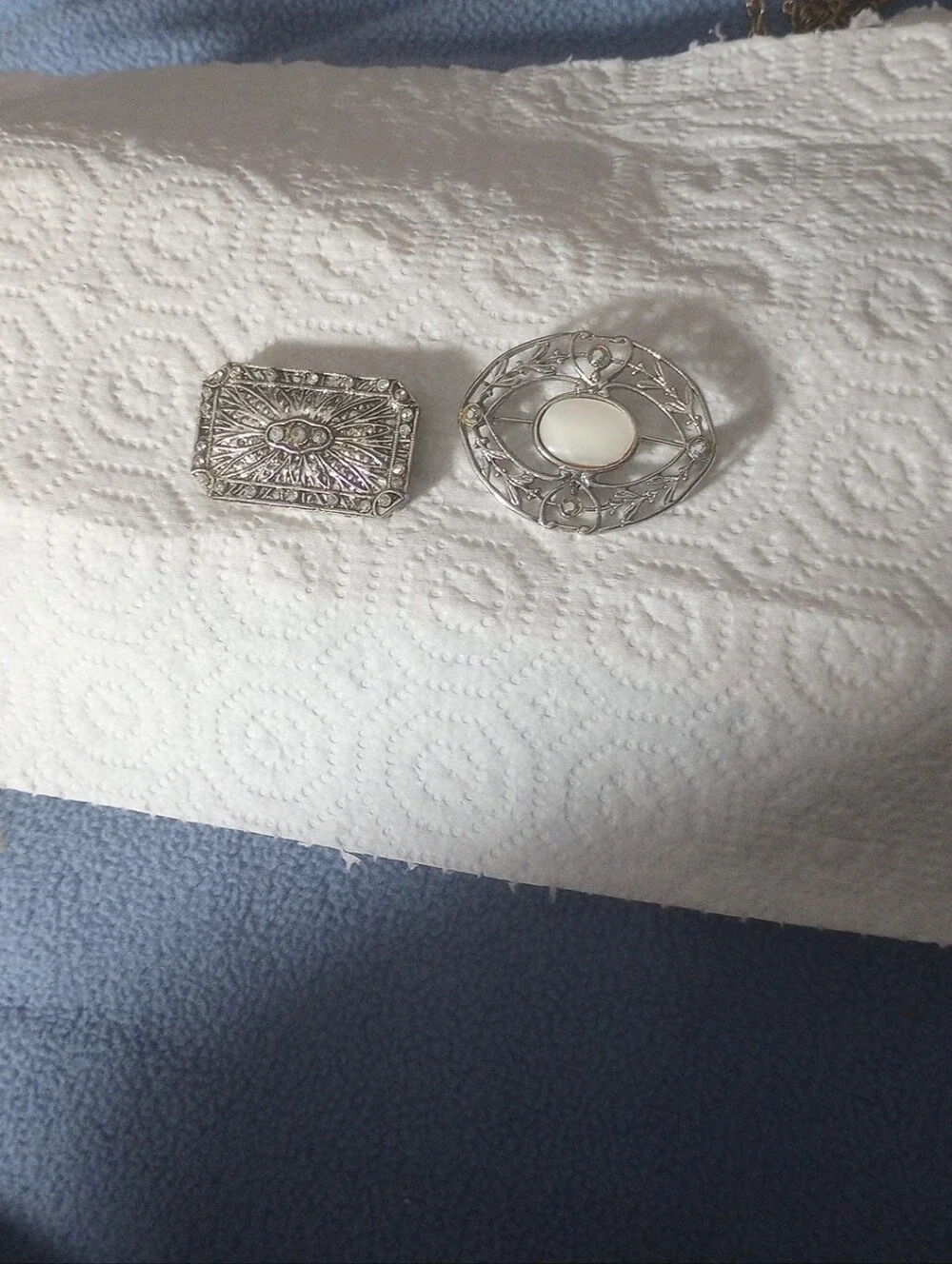 Antique, Victorian,Silver Filigree Brooches with Mother of Pearl,Crystal Accent